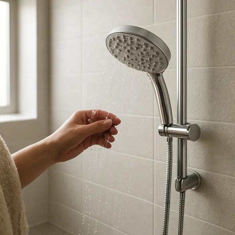 Pessoa ajustando ducha grande de metal cromado em banheiro moderno com azulejos texturizados claros