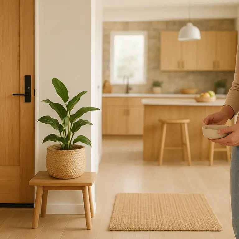 Entrada de casa decorada com madeira natural e cozinha integrada ao fundo