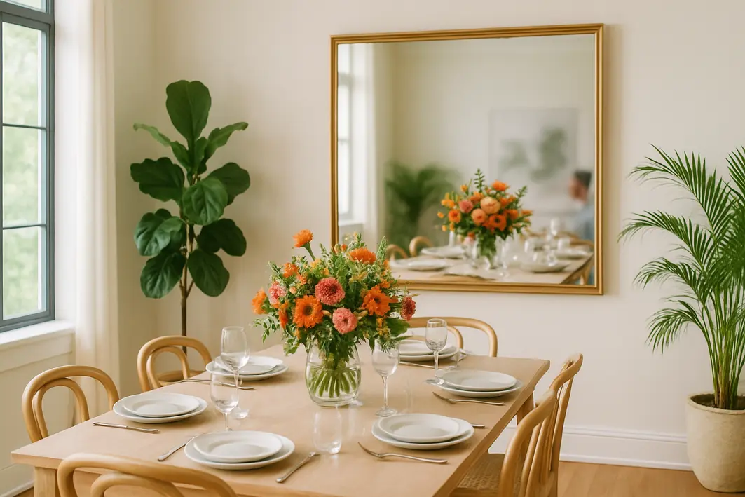 Sala de jantar ampla com espelho grande refletindo mesa posta com pratos, taças e arranjo floral, plantas decorativas e iluminação natural