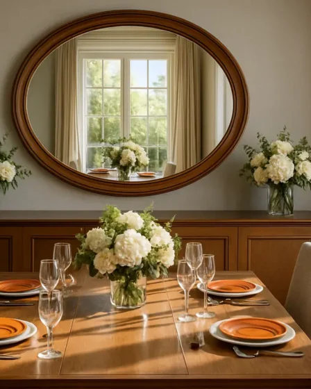 espelho feng shui sala jantar 1 Sala de jantar sofisticada com espelho oval em moldura de madeira acima de aparador refletindo mesa posta com pratos coloridos e arranjos florais