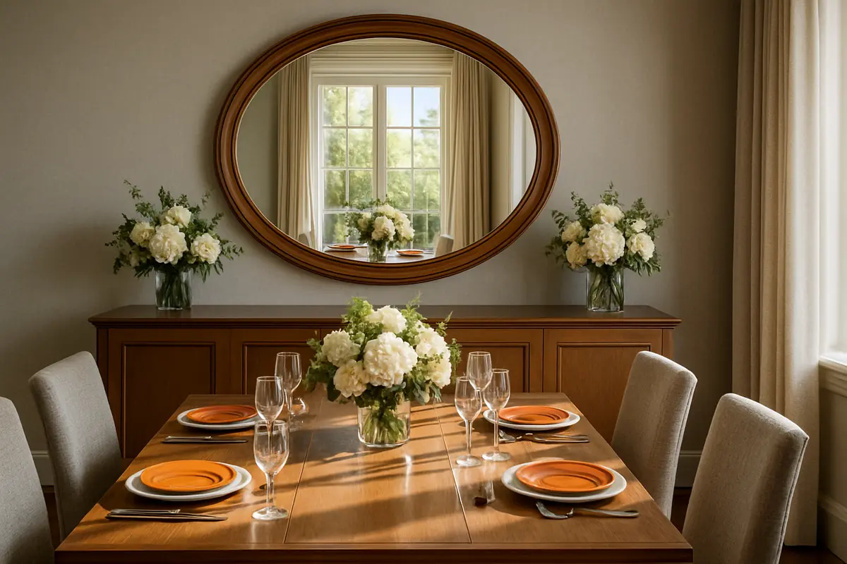 espelho feng shui sala jantar 1 Sala de jantar sofisticada com espelho oval em moldura de madeira acima de aparador refletindo mesa posta com pratos coloridos e arranjos florais