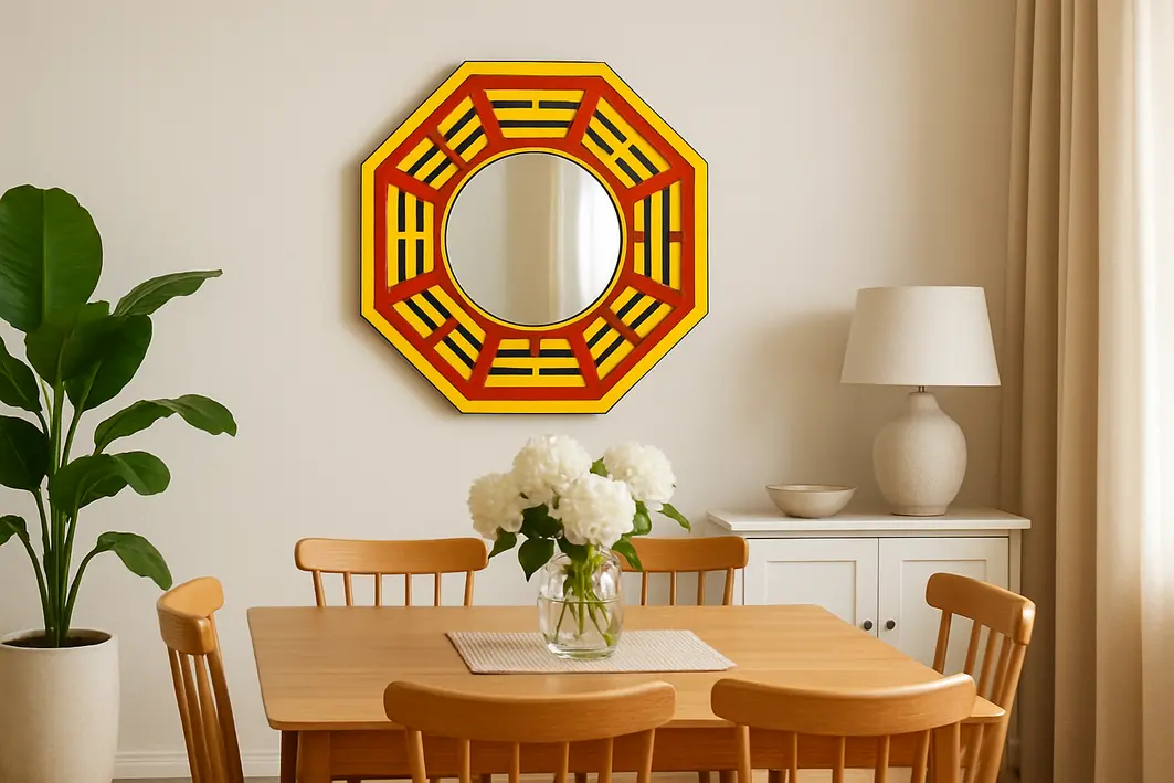 Mãos organizando taças de vinho sobre mesa posta refletida em espelho grande na sala de jantar