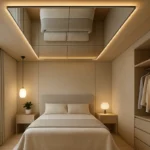 espelho teto decoracao quarto moderno luxo Espelho instalado no teto refletindo quarto contemporâneo com móveis minimalistas e iluminação indireta quente