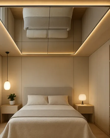 espelho teto decoracao quarto moderno luxo Espelho instalado no teto refletindo quarto contemporâneo com móveis minimalistas e iluminação indireta quente