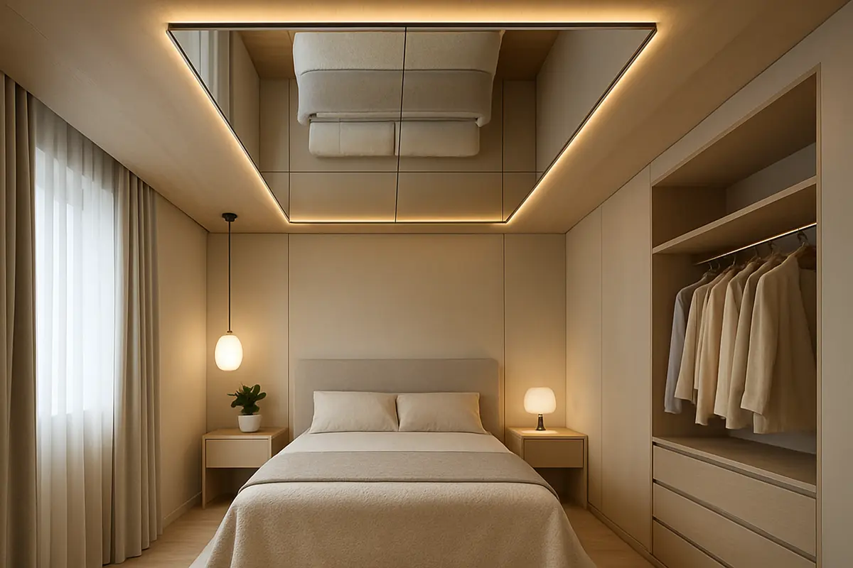 espelho teto decoracao quarto moderno Espelho instalado no teto refletindo quarto contemporâneo com móveis minimalistas e iluminação indireta quente