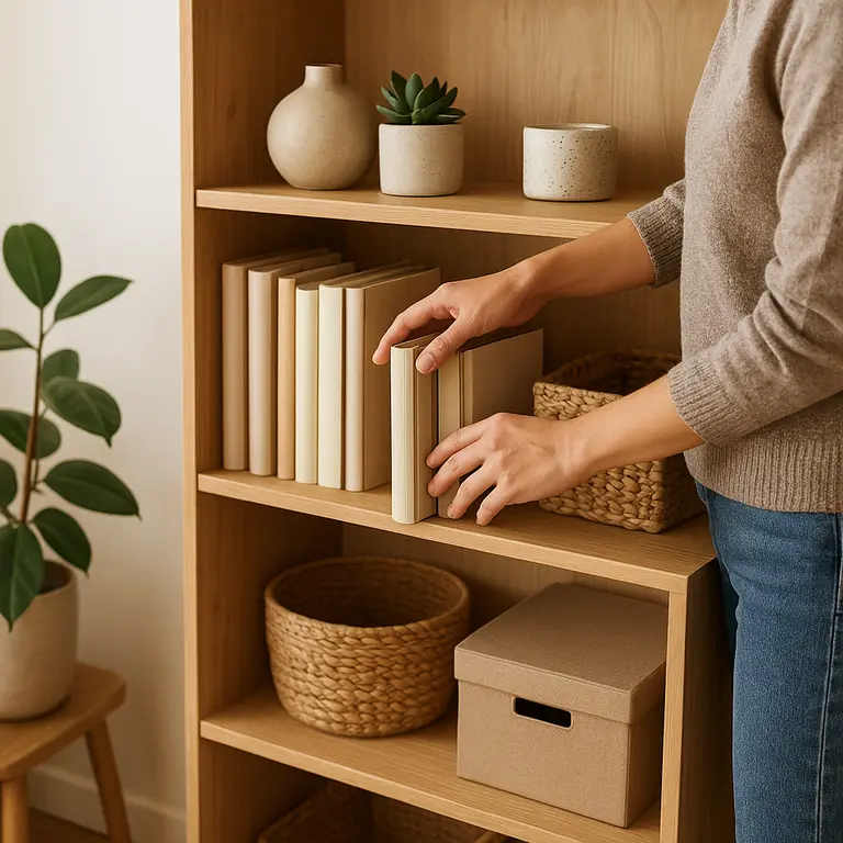Pessoa organizando livros em estante funcional de madeira natural na sala