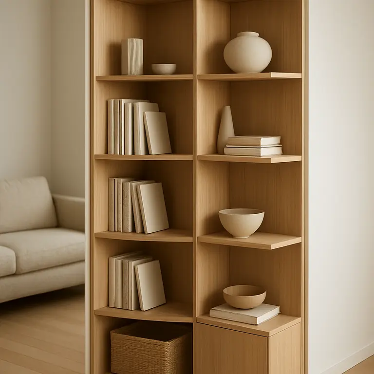Estante modular funcional embutida em canto de sala com madeira natural clara organizando livros e objetos decorativos minimalistas