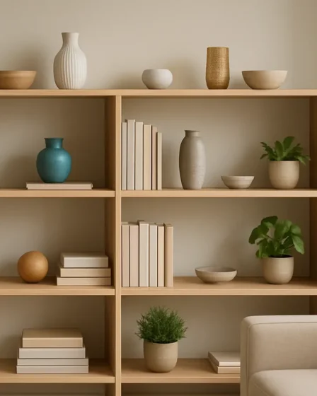 estantes funcionais sala estar moderna Estantes funcionais minimalistas em sala de estar moderna com plantas e livros