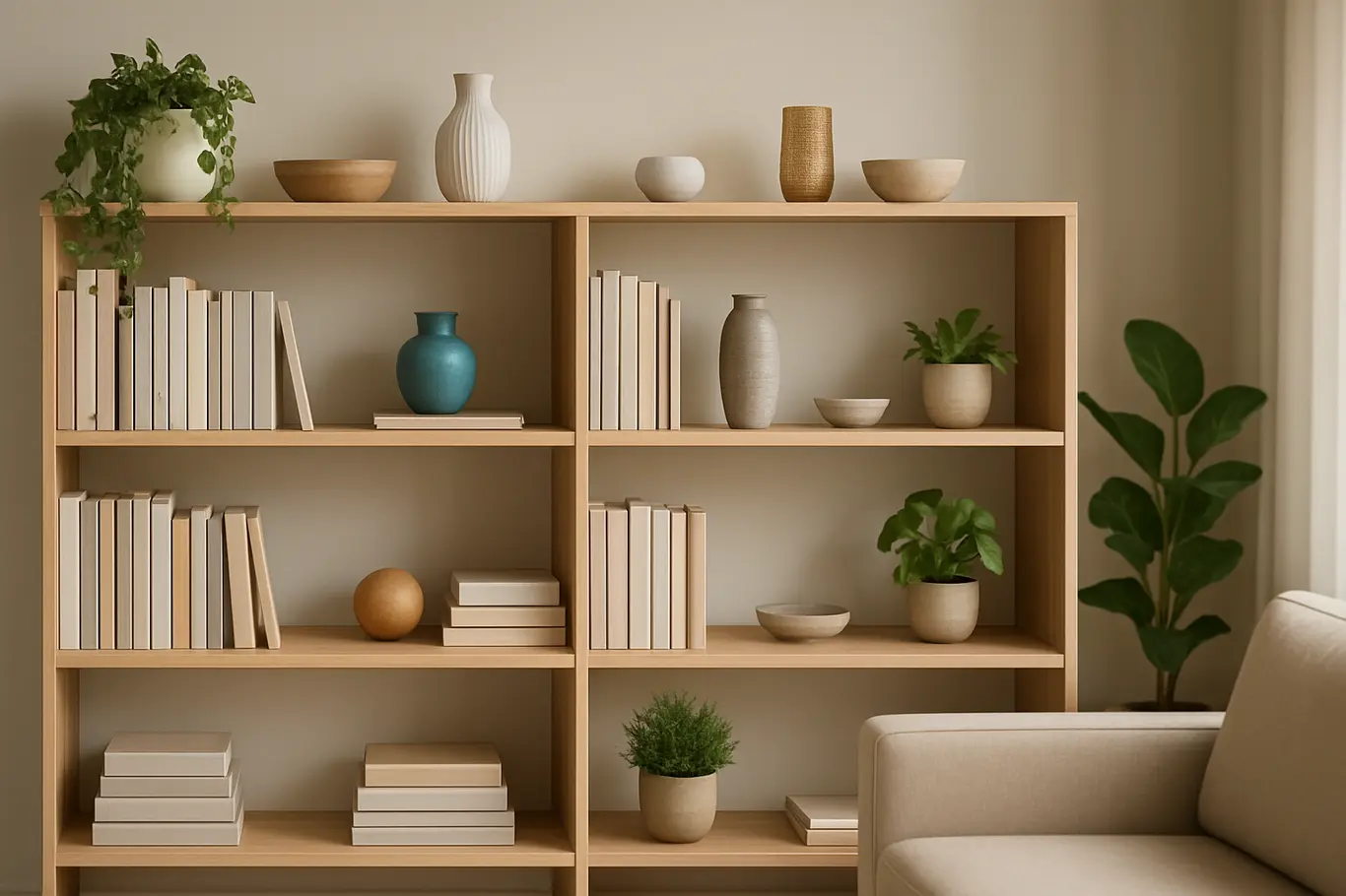 estantes funcionais sala estar moderna Estantes funcionais minimalistas em sala de estar moderna com plantas e livros