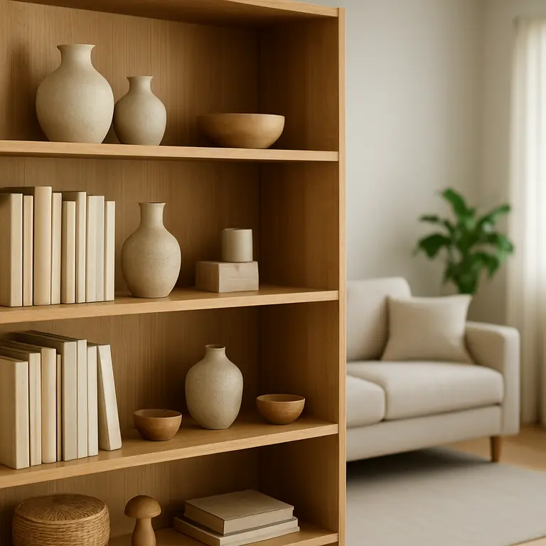 Estante funcional de madeira decorada na sala com plantas e livros