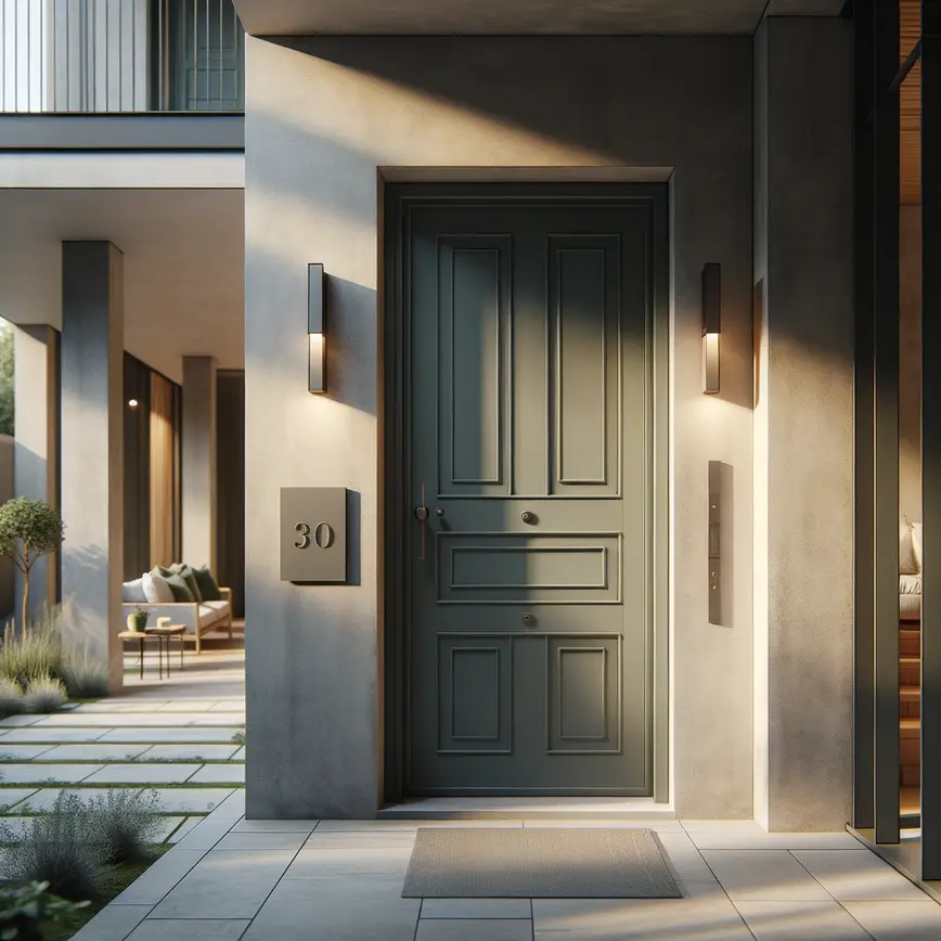 Fachada residencial moderna com porta de entrada cinza grafite e números metálicos ao lado, vasos com plantas e caminho organizado