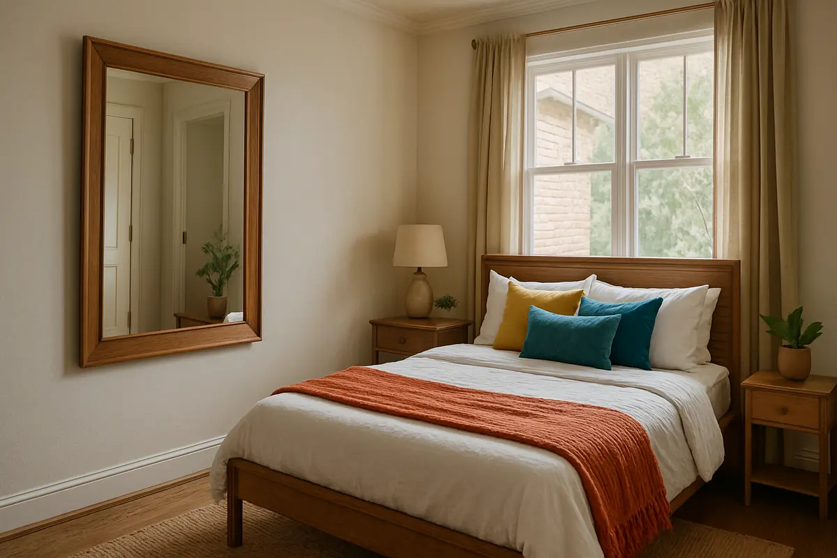 feng shui quarto espelho posicionamento Quarto sofisticado com espelho grande de moldura de madeira posicionado diagonalmente na parede lateral seguindo princípios de Feng Shui