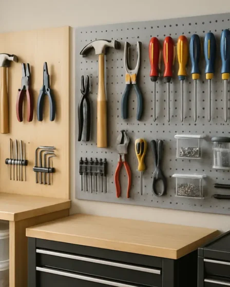 ferramentas organizadas painel caixa bancada Painel perfurado e painel de madeira clara com ferramentas organizadas incluindo martelos, alicates, chaves de fenda coloridas, fita métrica e estojos de brocas em área doméstica compacta