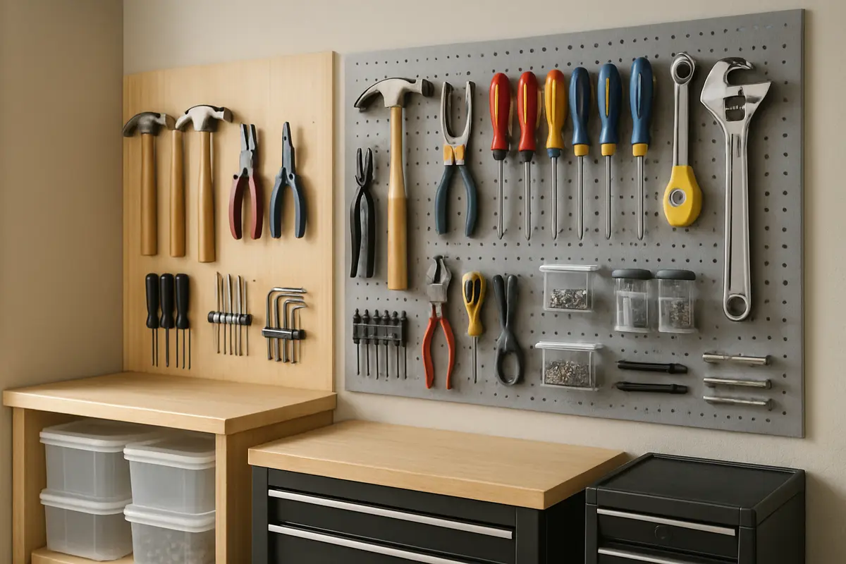 ferramentas organizadas painel caixa bancada Painel perfurado e painel de madeira clara com ferramentas organizadas incluindo martelos, alicates, chaves de fenda coloridas, fita métrica e estojos de brocas em área doméstica compacta