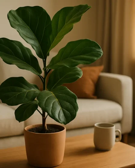 fiddle leaf fig sala moderna Fiddle Leaf Fig com folhas verdes brilhantes em vaso sobre piso de madeira clara em sala moderna com sofá e janela ao fundo