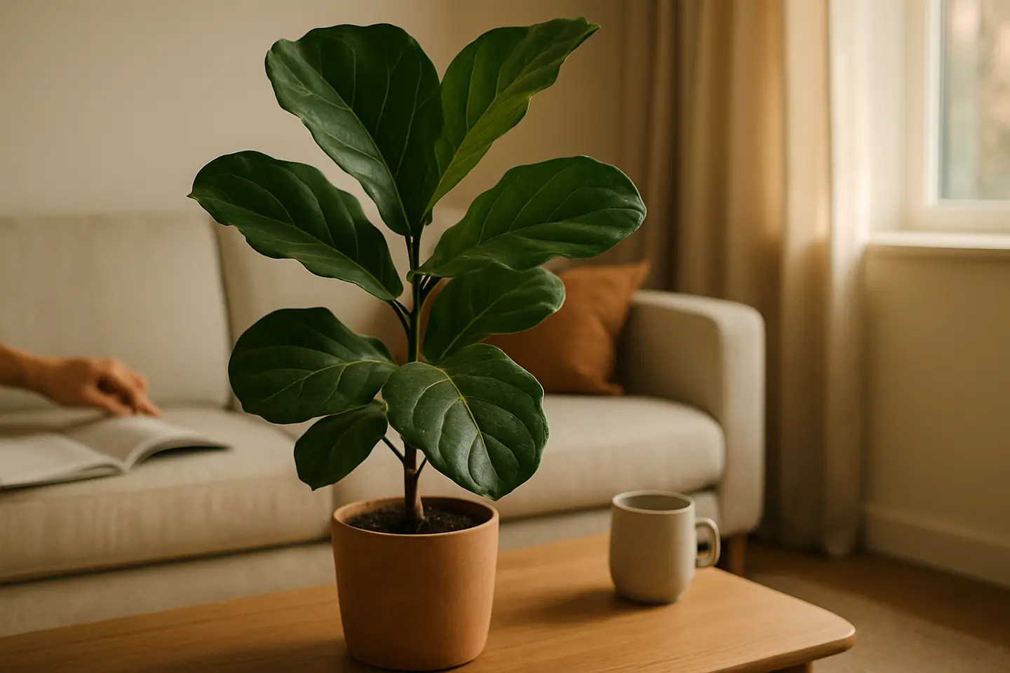 fiddle leaf fig sala moderna Fiddle Leaf Fig com folhas verdes brilhantes em vaso sobre piso de madeira clara em sala moderna com sofá e janela ao fundo