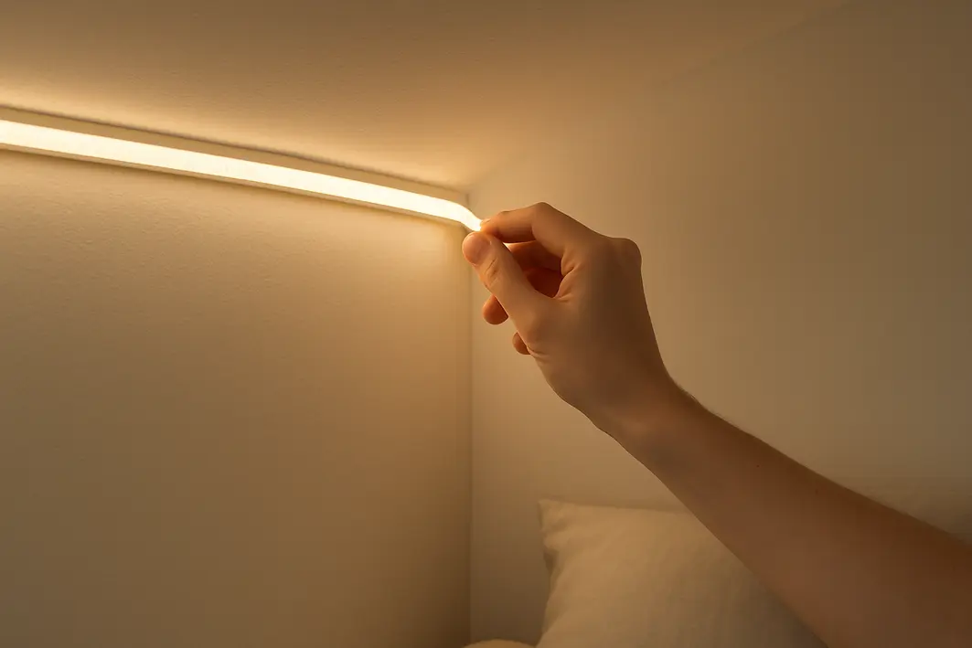 Mão ajustando fita de LED embutida no forro do teto do quarto com luz branca quente