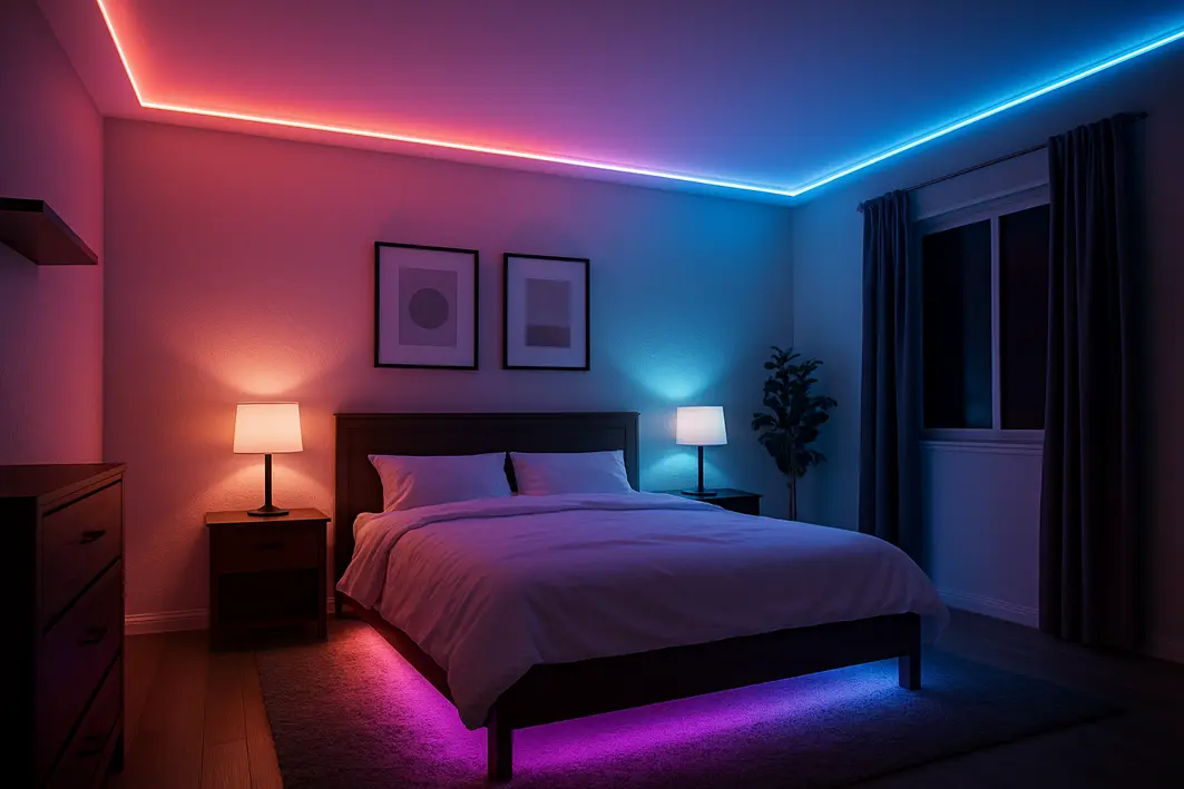 Mãos ajustando fita de LED branca no rebaixo do móvel da cabeceira de cama com roupa neutra