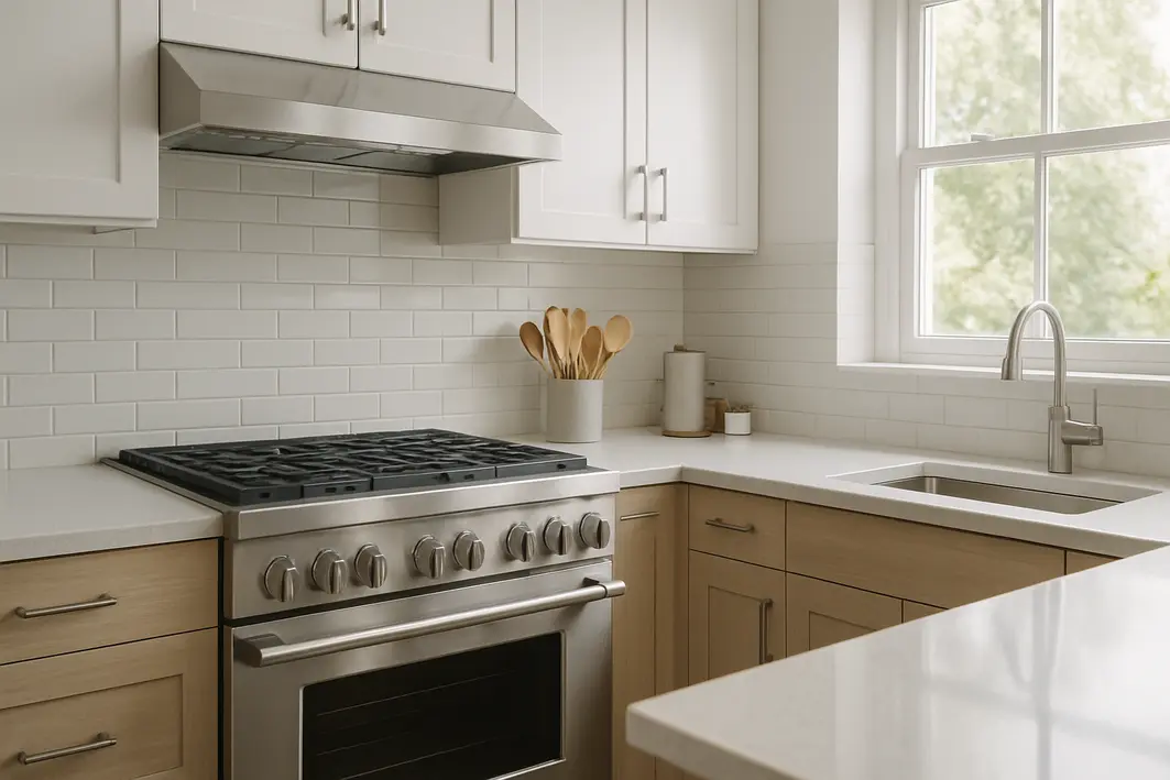 Fogão de inox escovado limpo em cozinha doméstica moderna com bancada organizada