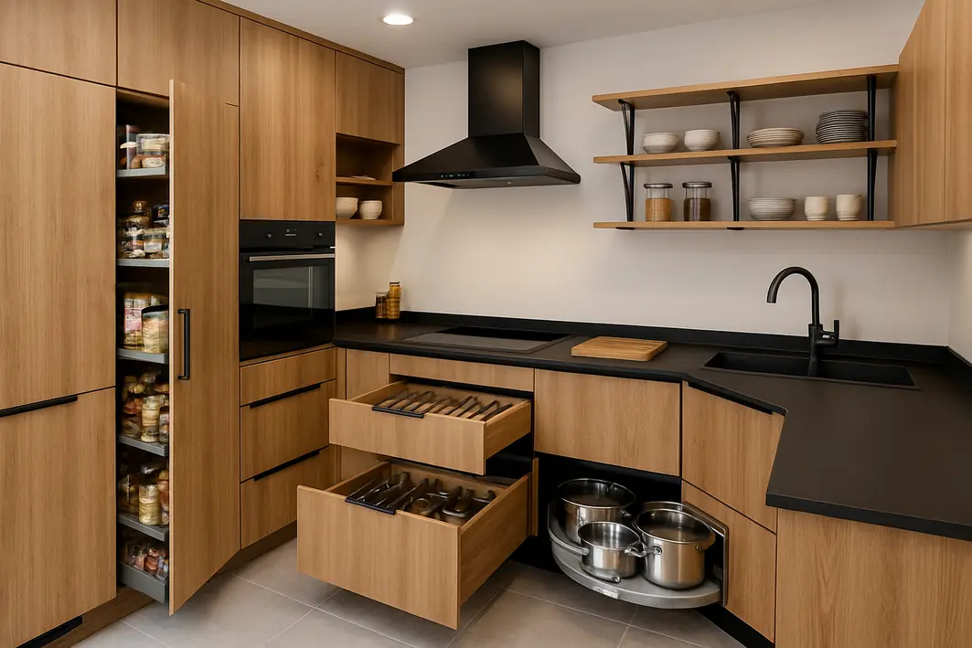 Armário de cozinha planejado aberto com gavetas inteligentes e divisórias organizadoras mostrando mãos ajustando prateleira deslizante metálica