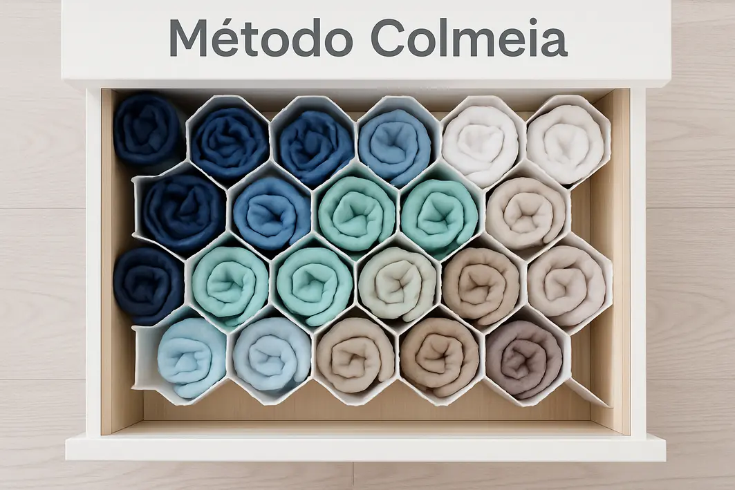 Mãos organizando gaveta com divisórias quadradas e retangulares tipo colmeia preenchidas com roupas íntimas dobradas e meias