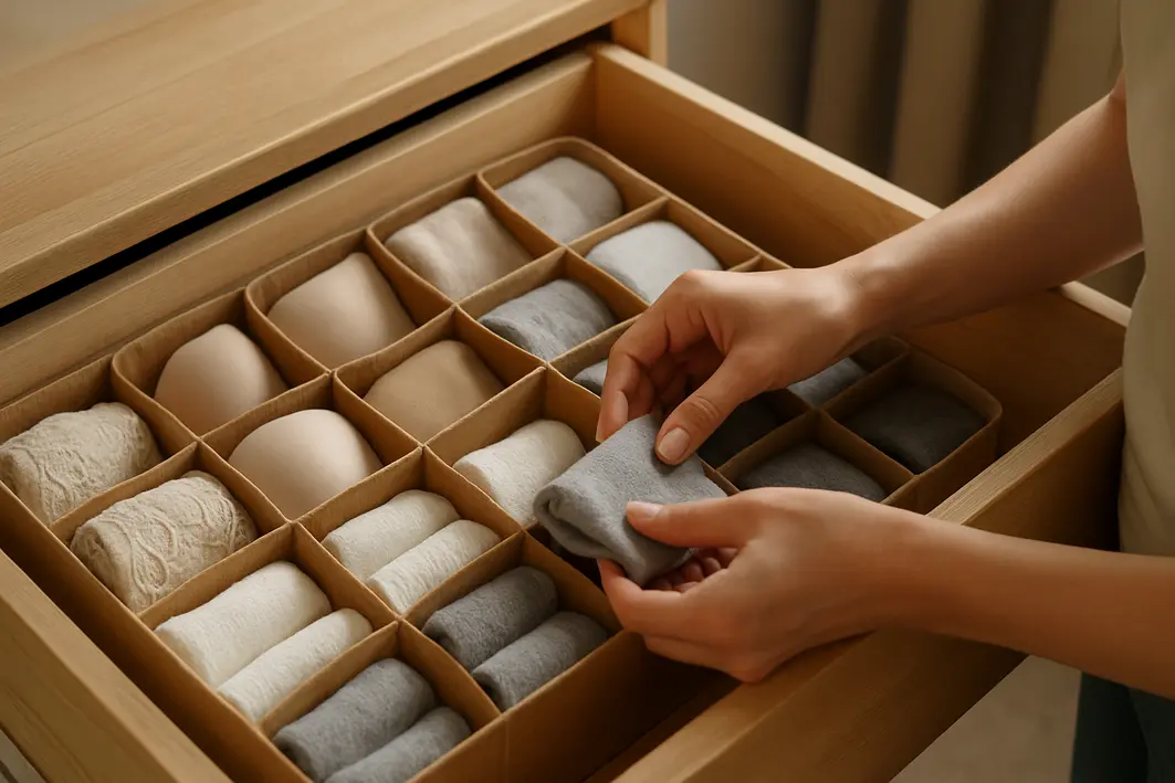 Gaveta aberta com divisorias tipo colmeia em tecido exibindo roupas intimas e meias dobradas, mao feminina ajustando meia em celula retangular