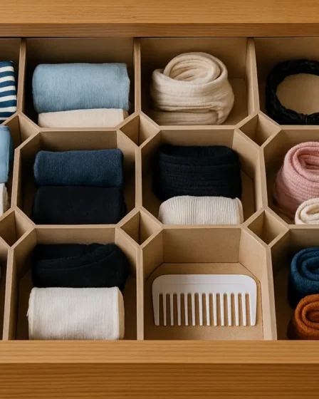 gaveta organizada metodo colmeia 1 Gaveta organizada com divisoes modulares estilo colmeia contendo roupas intimas, meias e acessorios dobrados