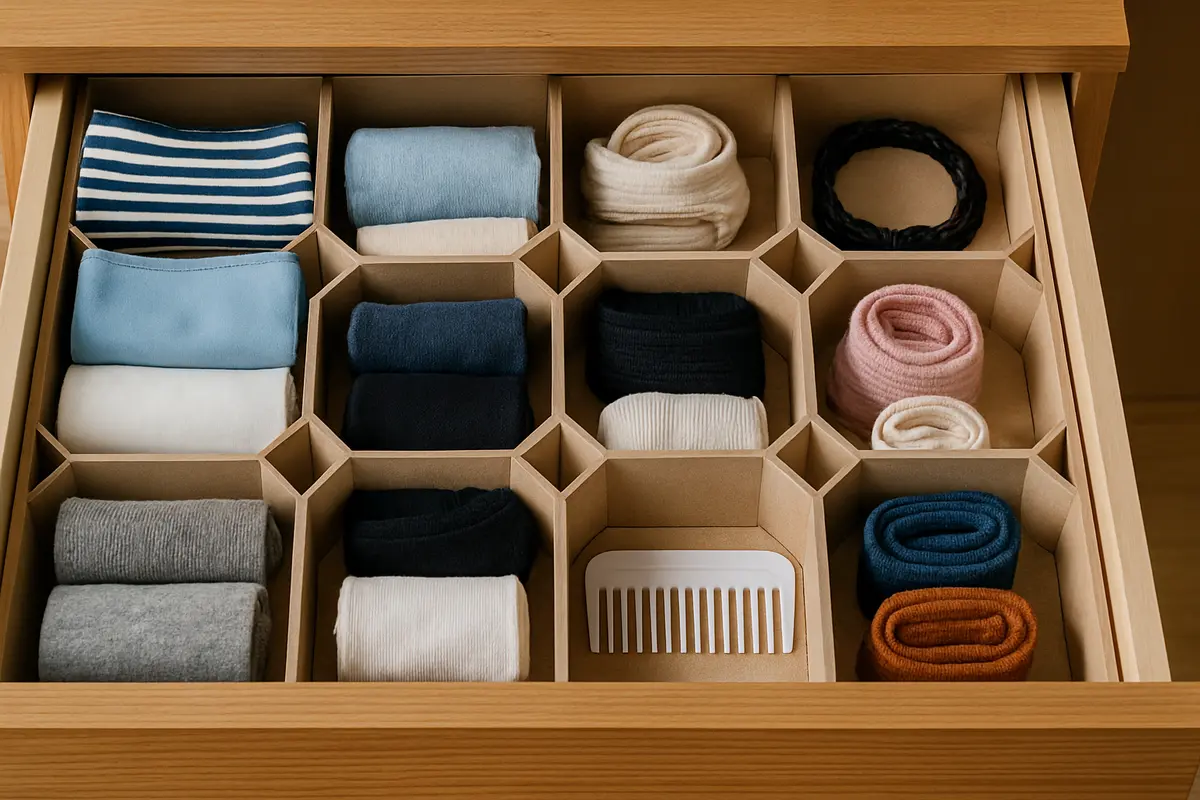 gaveta organizada metodo colmeia 1 Gaveta organizada com divisoes modulares estilo colmeia contendo roupas intimas, meias e acessorios dobrados