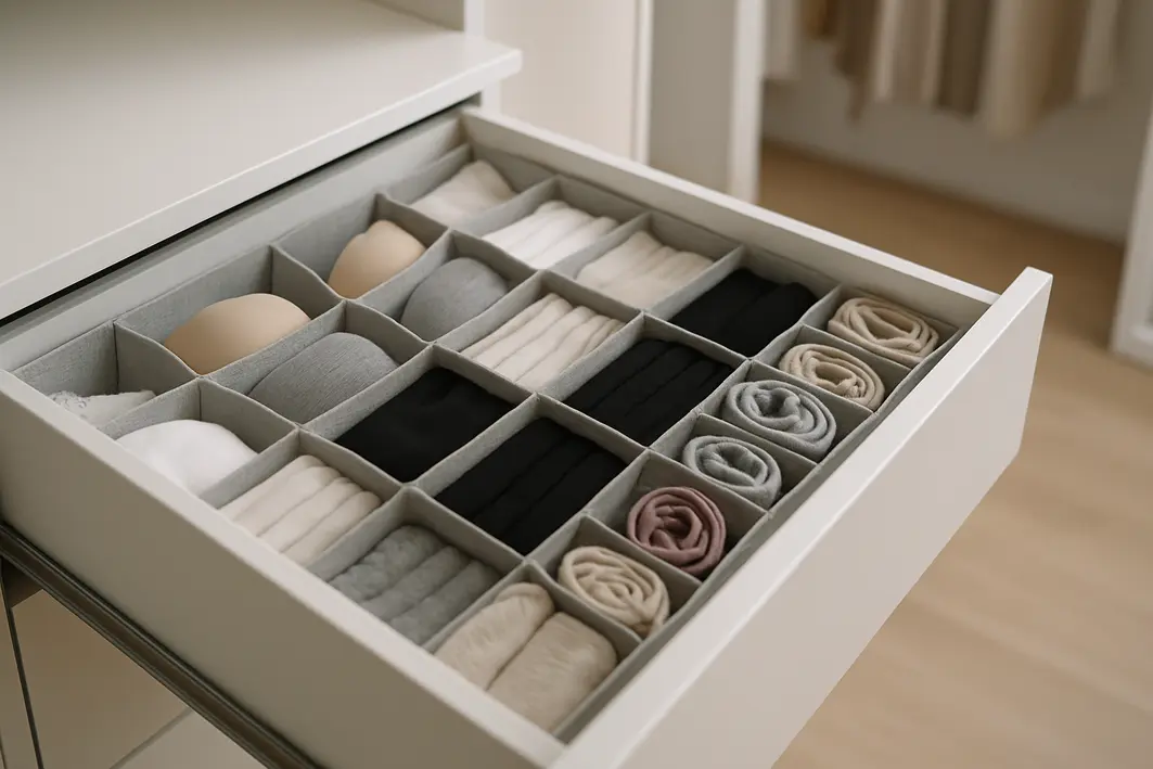 Gaveta aberta organizada com divisorias claras separando roupas intimas meias e acessorios em closet moderno