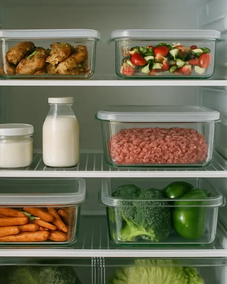 geladeira apos festas organizada containers vidro Geladeira pós-festas organizada com potes de vidro transparentes contendo alimentos frescos e separados por zonas