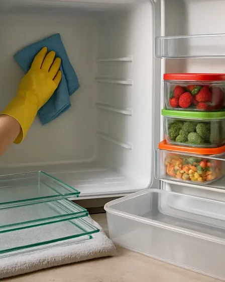 geladeira limpa bicarbonato desodorante Interior de geladeira limpa com prateleiras de vidro removidas secando em pano limpo e bicarbonato aberto na prateleira