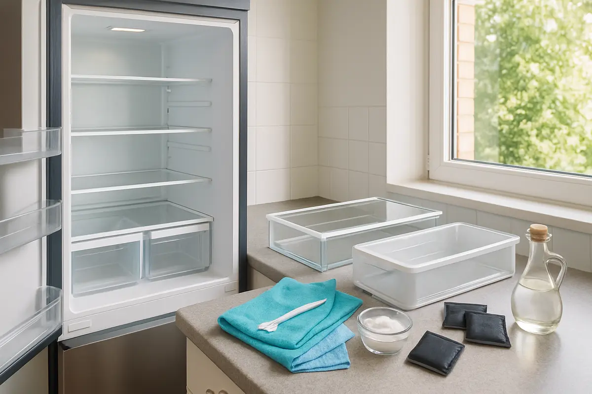 geladeira limpa bicarbonato vinagre carvao Interior limpo de geladeira moderna com prateleiras de vidro removíveis e gavetas plásticas secando sobre balcão, junto a produtos de limpeza naturais