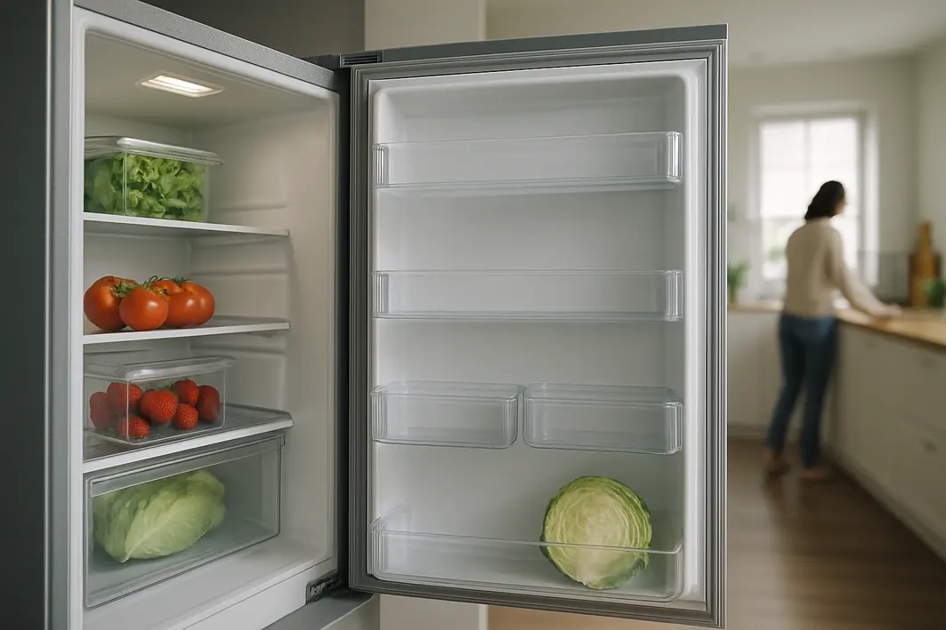 Geladeira doméstica aberta mostrando interior amplo e organizado com prateleiras limpas e recipientes transparentes com alimentos frescos