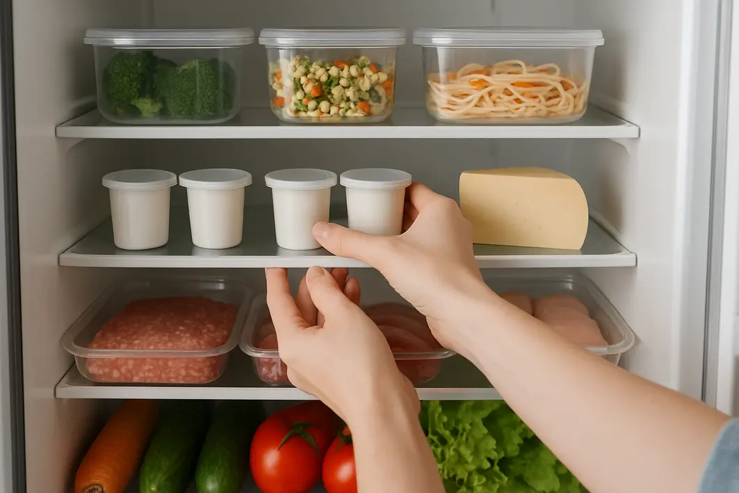geladeira organizacao pos festas Interior de geladeira doméstica aberta mostrando organização por zonas com potes transparentes, iogurtes, queijos e carnes embaladas
