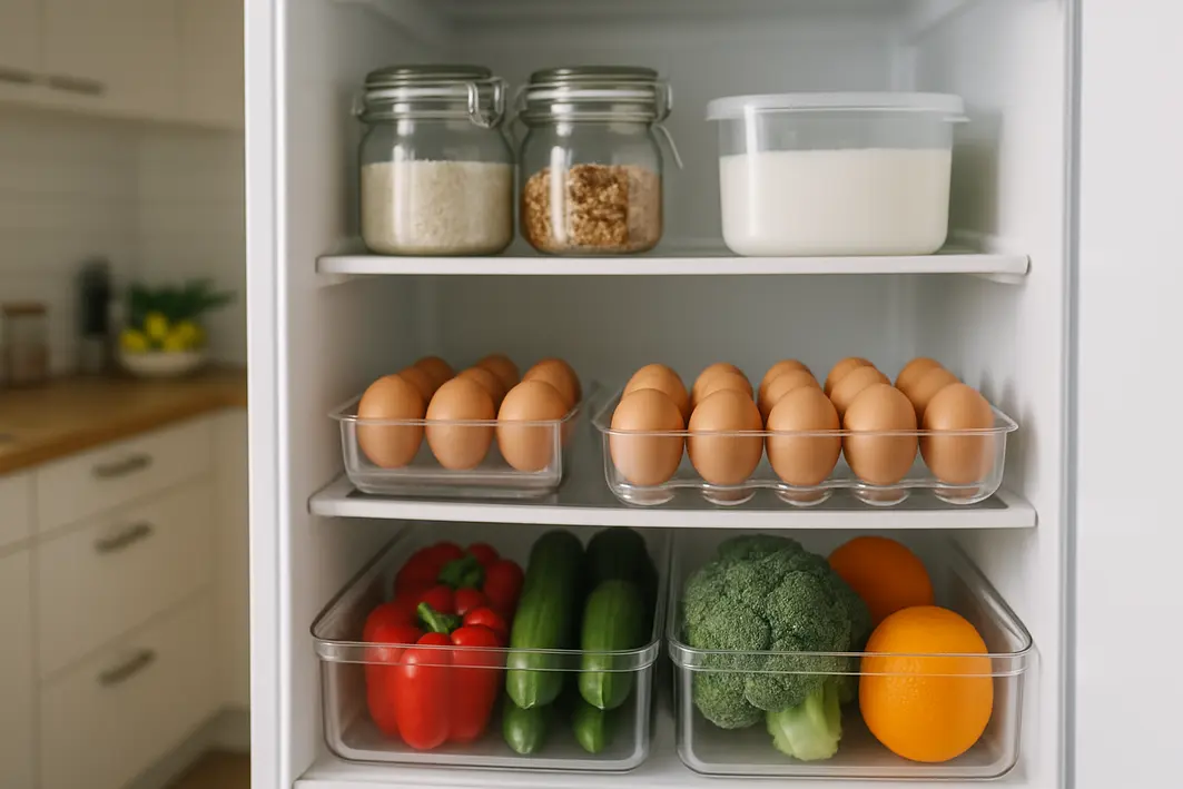 Geladeira doméstica aberta com ovos armazenados corretamente em prateleira interna, mostrando organização e alimentos arrumados ao fundo