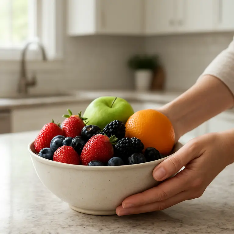 Bancada de granito em tons suaves com cozinha moderna ao fundo