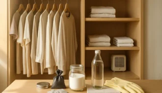 Guarda roupa aberto em madeira clara com roupas claras e espaçadas, mostrando itens de limpeza caseiros como bicarbonato, carvão ativado e vinagre