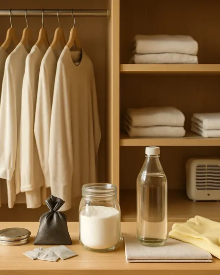 guarda roupa limpeza mofo bicarbonato vinagre Guarda roupa aberto em madeira clara com roupas claras e espaçadas, mostrando itens de limpeza caseiros como bicarbonato, carvão ativado e vinagre