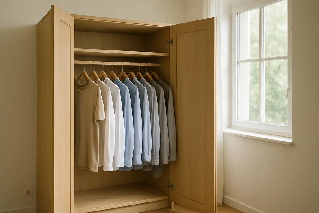 Guarda roupa de madeira clara aberto com interior organizado e ventilado mostrando roupas penduradas secas