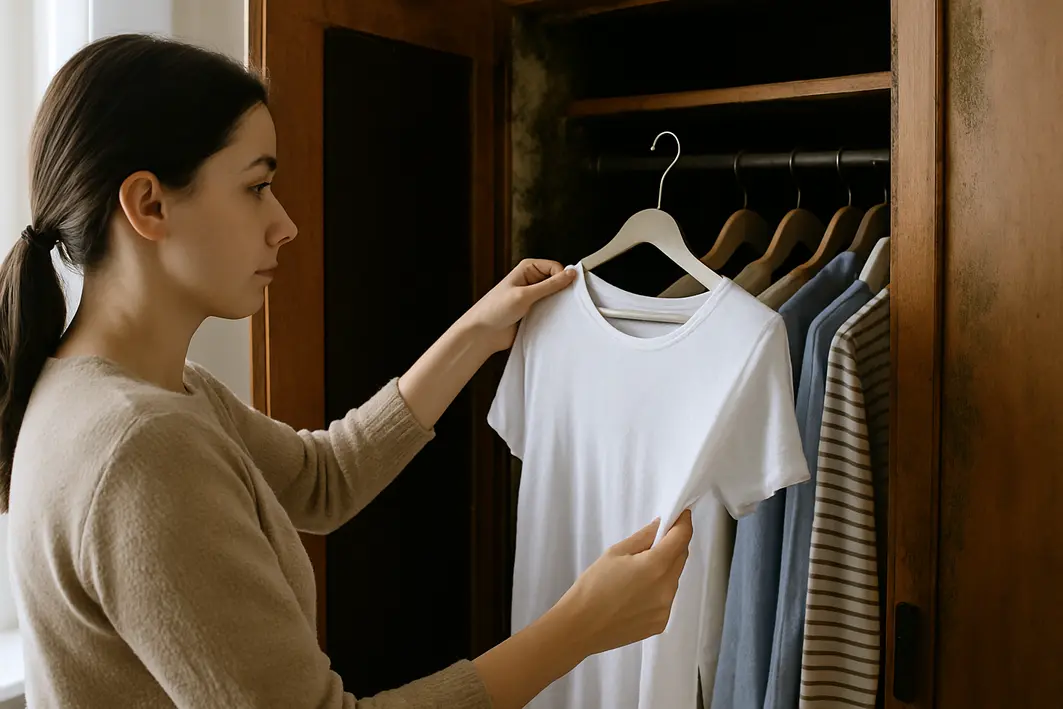 Mulher puxando camisa branca úmida de guarda roupa de madeira com mofo nas bordas internas