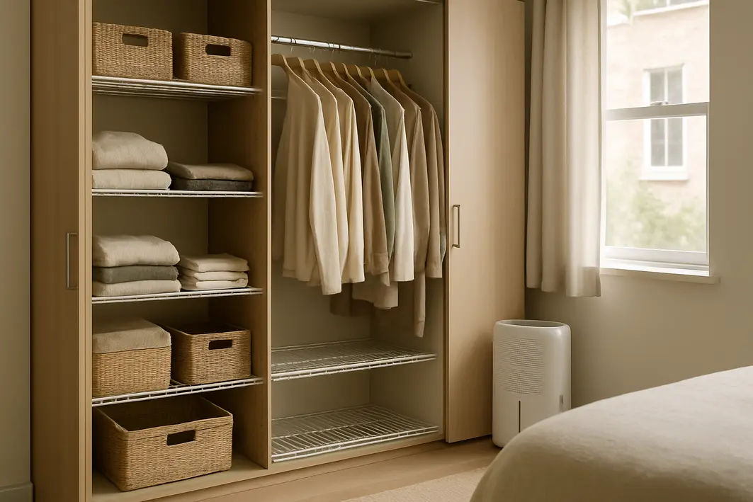 Guarda roupa amplo organizado e arejado com portas parcialmente abertas mostrando prateleiras ventiladas, roupas neutras penduradas, desumidificador e caixas de material natural em quarto iluminado