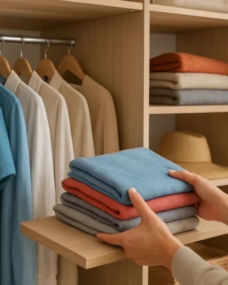 guarda roupa otimizado organizado quarto Guarda-roupa otimizado com prateleiras e cabides organizados em ambiente moderno