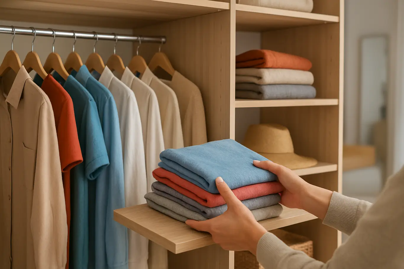 guarda roupa otimizado organizado quarto Guarda-roupa otimizado com prateleiras e cabides organizados em ambiente moderno