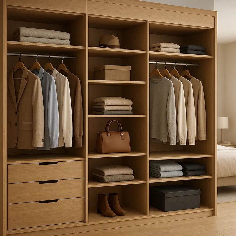 Guarda-roupa sob medida com compartimentos organizados em quarto moderno