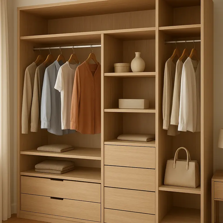 Guarda roupa sob medida otimizado para quarto compacto com diferentes alturas e gavetas exclusivas