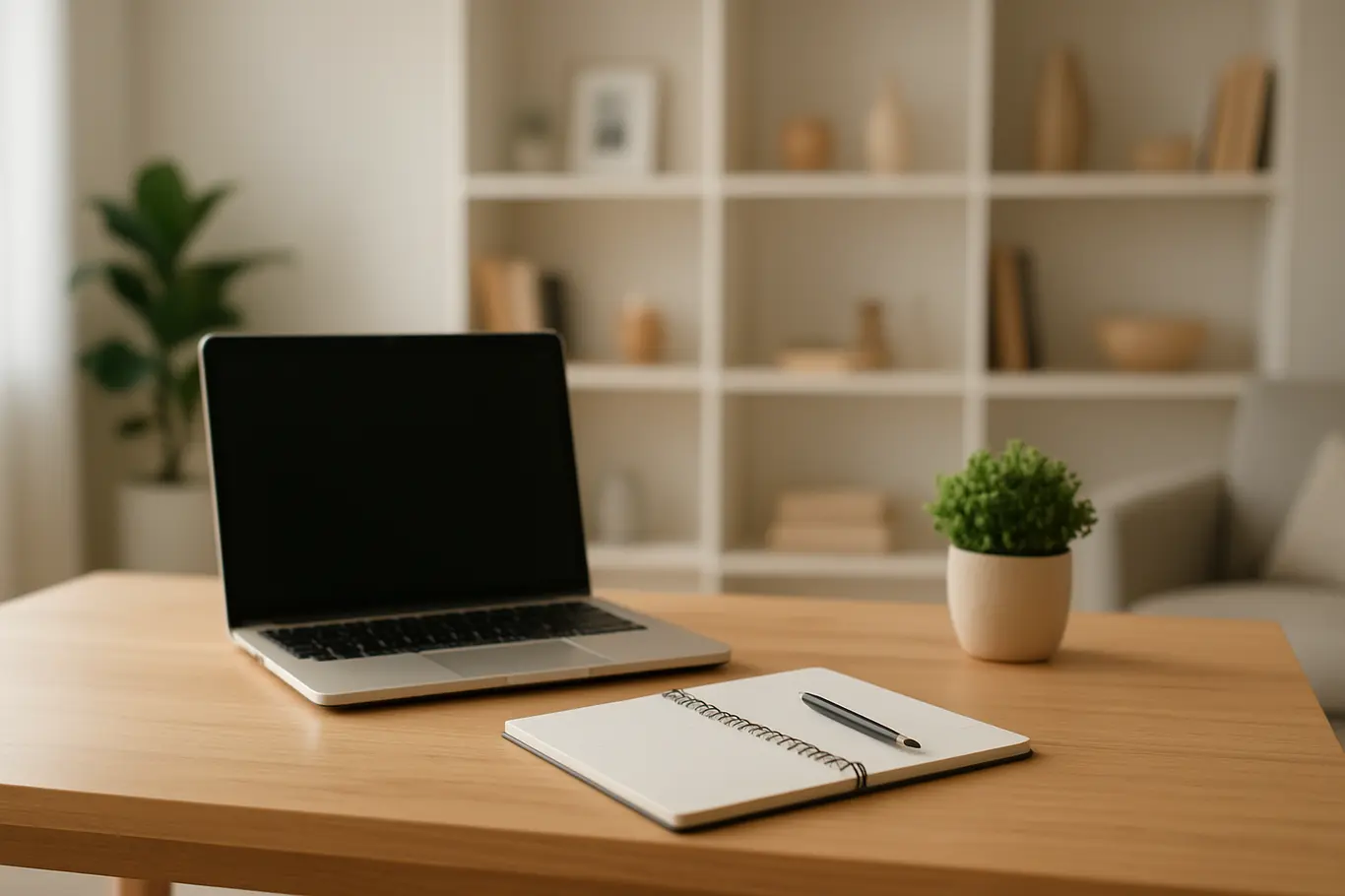 home office decor mesa organizada Mesa de home office decor moderna com laptop aberto, caderno, caneta e planta pequena