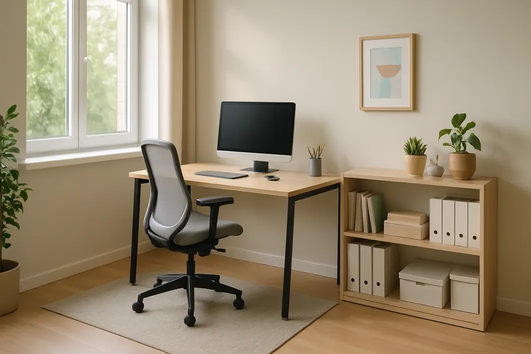 Home office moderno e organizado em canto de sala com mesa próxima a janela ampla e cadeira ergonômica