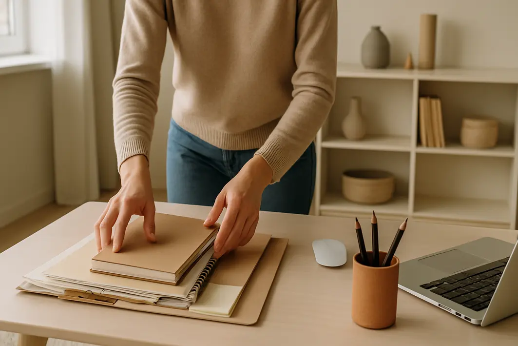 Mãos organizando materiais sob mesa clara em home office com estante baixa ao fundo e luz natural entrando pela janela lateral
