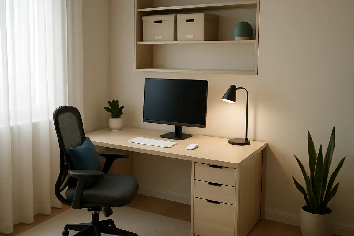 home office produtivo organizacao iluminacao Mesa de home office organizada com cadeira ergonômica, monitor alinhado ao nível dos olhos, luminária de mesa ligada e janela com cortina translúcida ao lado