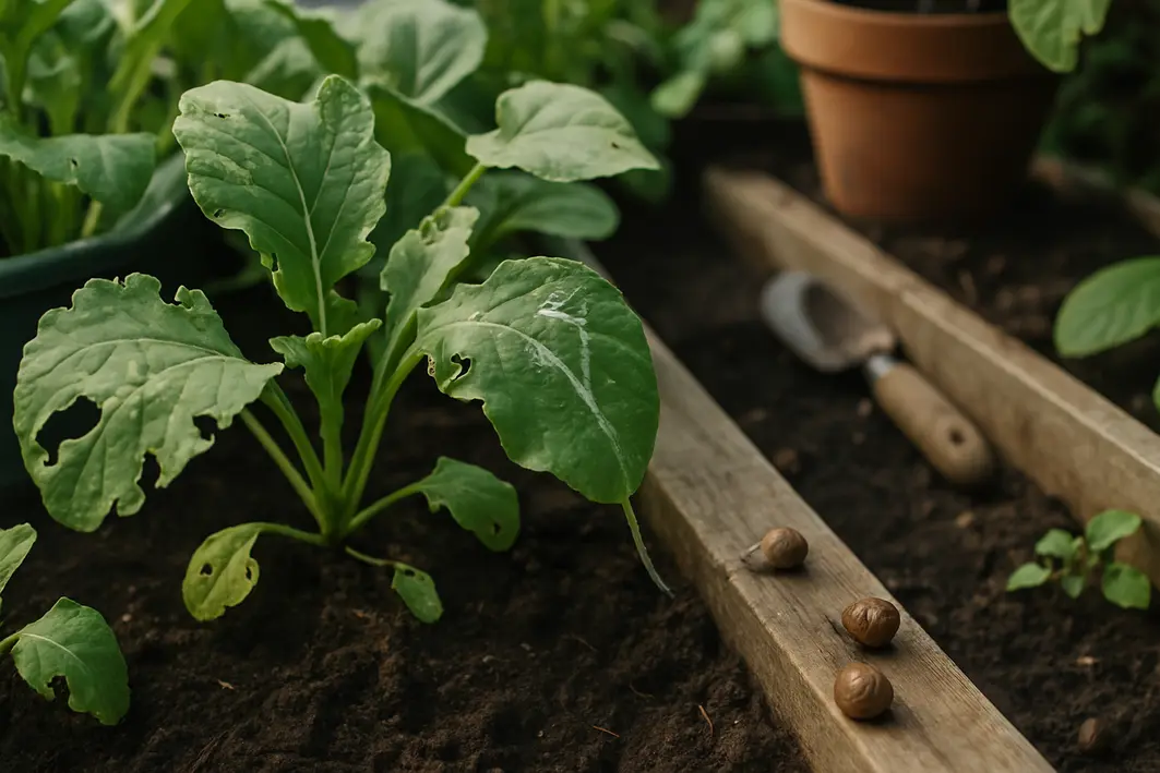 Horta residencial com folhas verdes danificadas e trilhas de muco visíveis, caramujos discretos ao redor sob vasos e placas de madeira